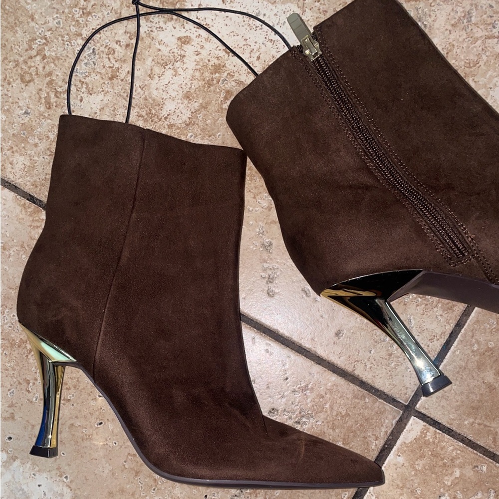Women's Dark Brown Suede Nine West Ankle Boots with Metallic Heel